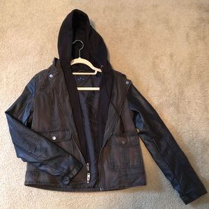 American Eagle Leather Cargo Hooded Jacket - M
